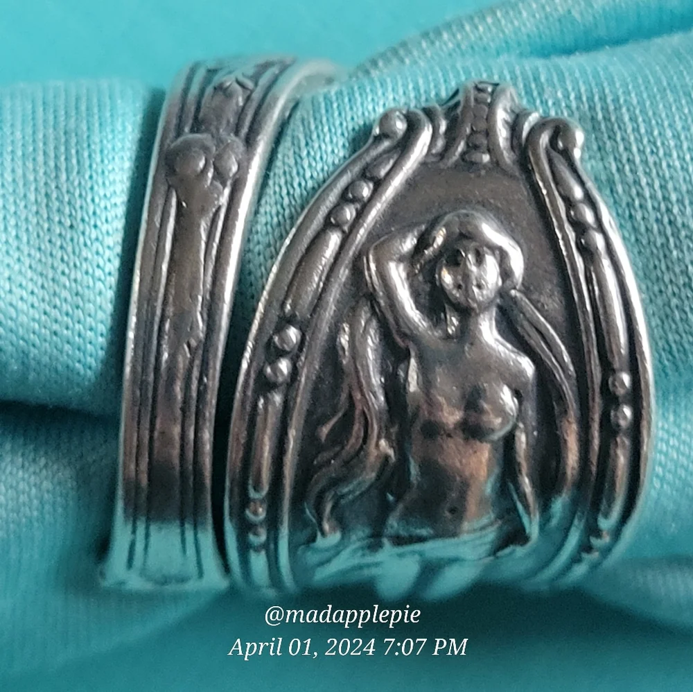 Vintage Sterling Silver Spoon Ring Goddess Woman Nude Handcrafted #134
